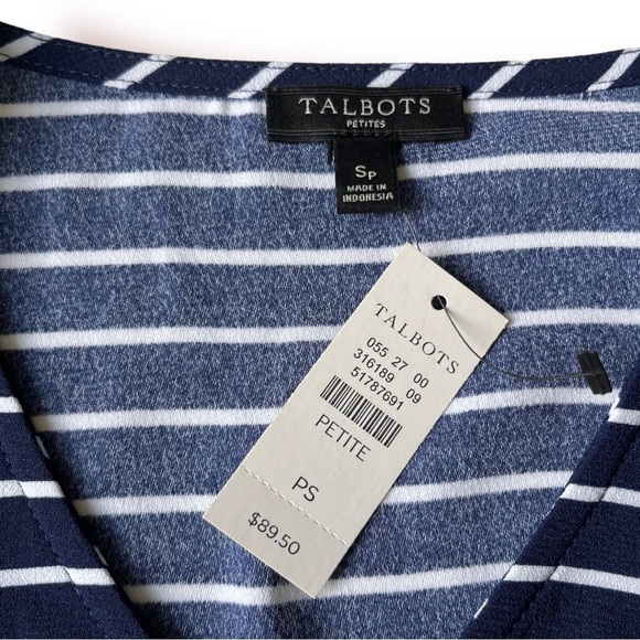 Talbots Nautical Stripe Shirt Blouse Navy Blue White SP - Picture 8 of 12